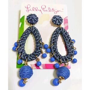 Lilly Pulitzer Woven Alba Blue Raffia Dangle Earrings Bead Beaded New